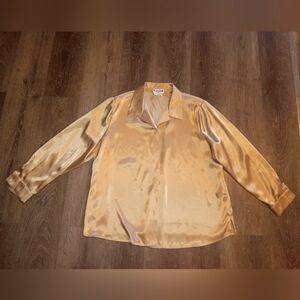 VTG Womens Satin Gold Button Up Shirt L Brown 90s Mob Wife Party